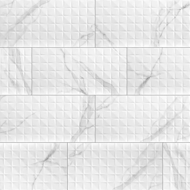 Dymo statuary chex white glossy 12x24 glazed ceramic wall tile NDYMSTACHEWHI1224G-N product shot wall view