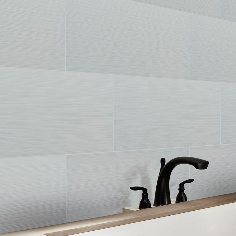 Dymo stripe white 12"x24" glossy ceramic wall tile NDYMSTRWHI1224-N product shot bathroom closeup view