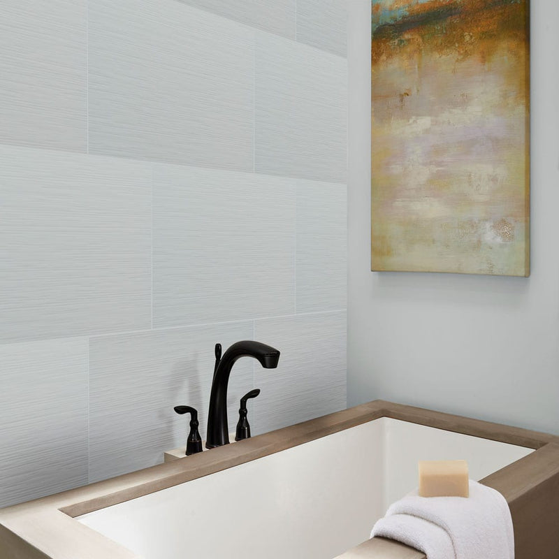 Dymo stripe white 12"x24" glossy ceramic wall tile NDYMSTRWHI1224-N product shot bathroom view