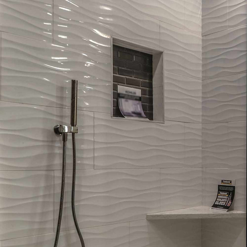 Dymo wavy white 12 x 24 glazed ceramic wall tile msi collection NDYMWAVWHI1224G product shot bath view