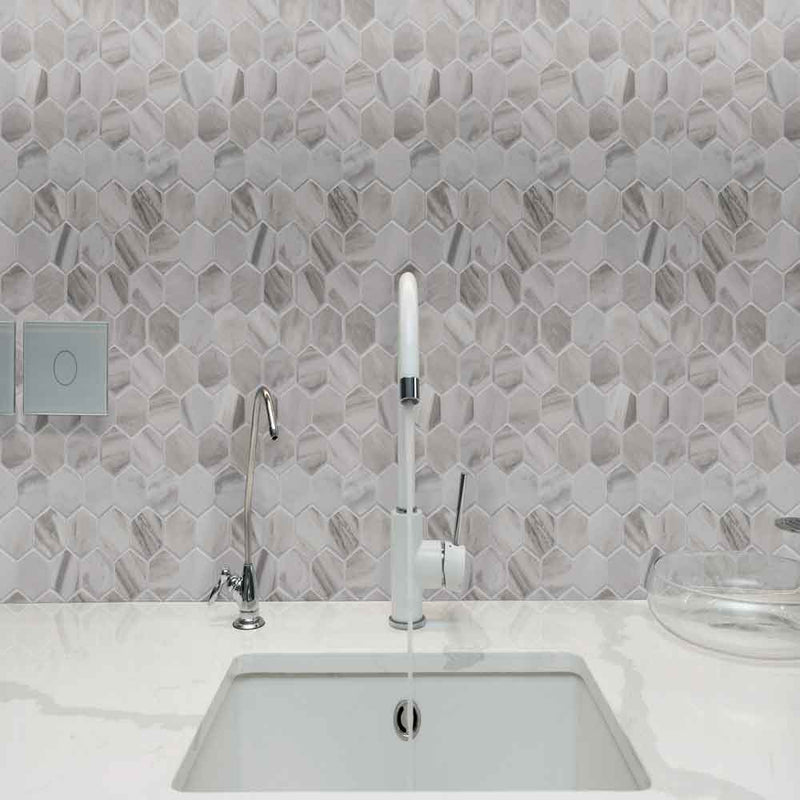 Eden bardiglio 12x12 porcelain meshmounted mosaic tile NEDEBAR2X2HEX product shot sink view