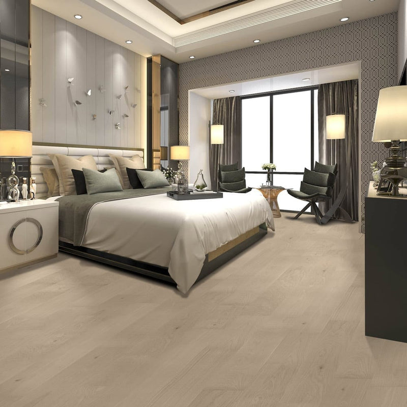 Engineered Hardwood floors strabo french white oak calypso prefinished wire brushed SHW12519WB-7.5in installed on a modern bright bedroom floor