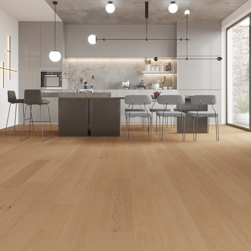 Engineered Hardwood floors strabo french white oak catari prefinished wire brushed SHW12522WB 9in installed on huge kitchen
