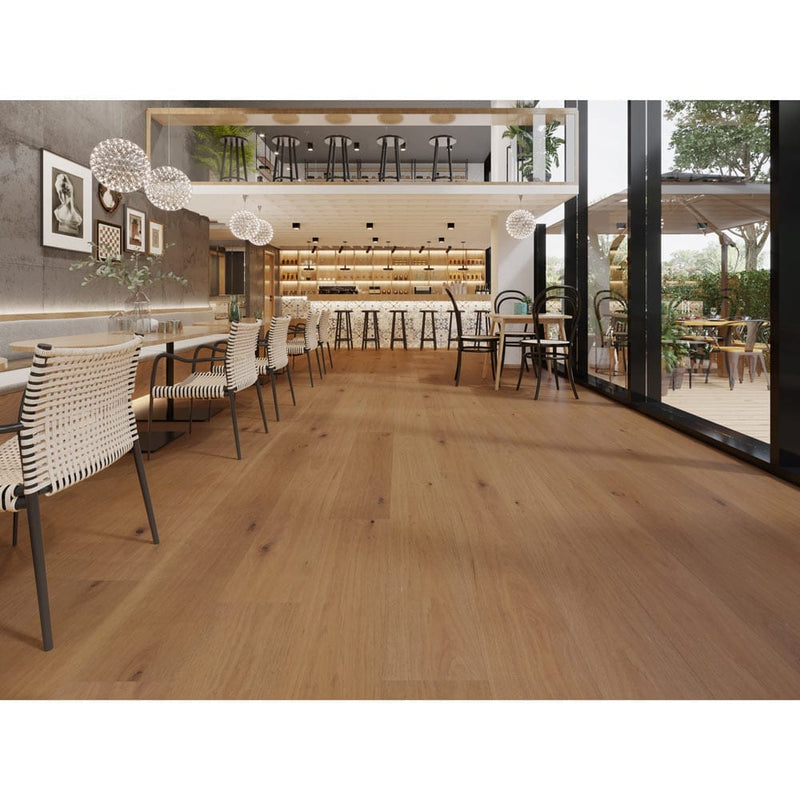 Engineered Hardwood floors strabo french white oak clement prefinished wire brushed SHW12518WB 7.5in installed on a modern restaurant floor