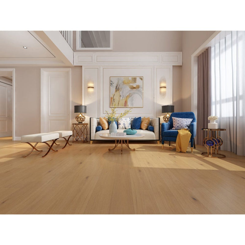 Engineered Hardwood floors strabo french white oak della prefinished wire brushed SHW12521WB 9in installed on a bright living room with modern furniture