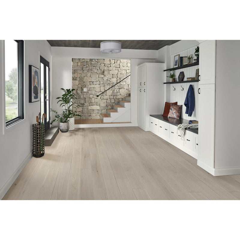 Engineered Hardwood floors strabo french white oak floret prefinished wire brushed SHW12533WB 9in installed entryway house wide view