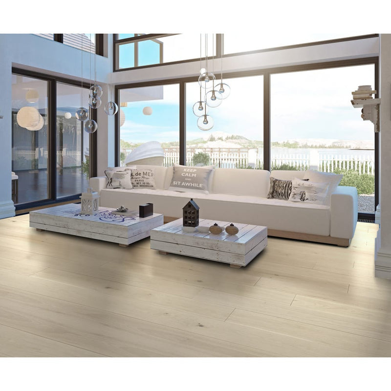 Engineered Hardwood floors strabo french white oak floret prefinished wire brushed SHW12533WB 9in installed living room floor