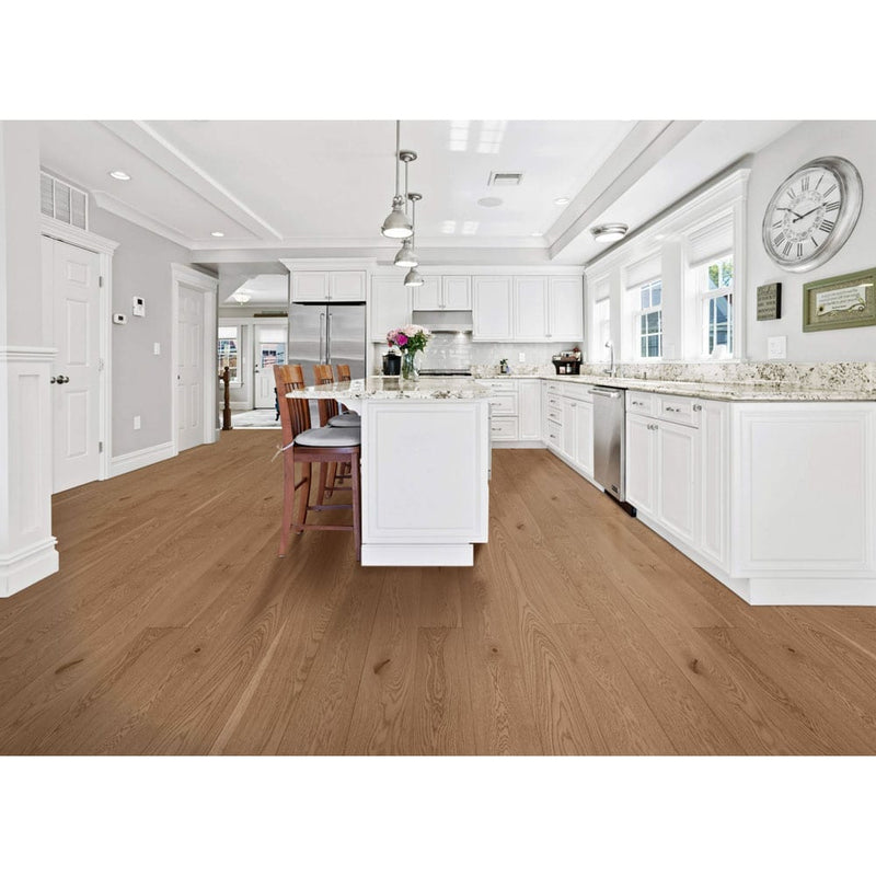 Engineered Hardwood floors strabo french white oak gitana prefinished wire brushed SHW12524WB 7.5in installed on kitchen floor with white cabinets with island top