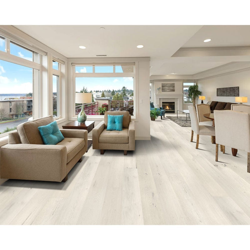 Engineered Hardwood floors strabo french white oak perla prefinished wire brushed SHW12520WB 7.5in installed on a bright modern living room