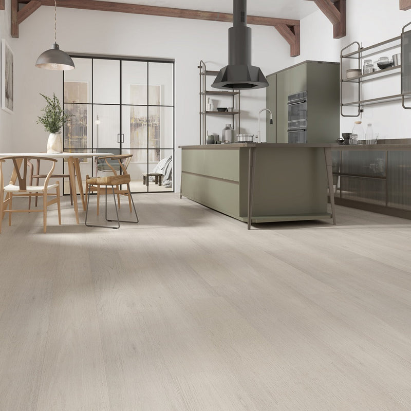 Engineered Hardwood floors strabo french white oak prima prefinished wire brushed SHW12516WB 7.5in angle kitchen view