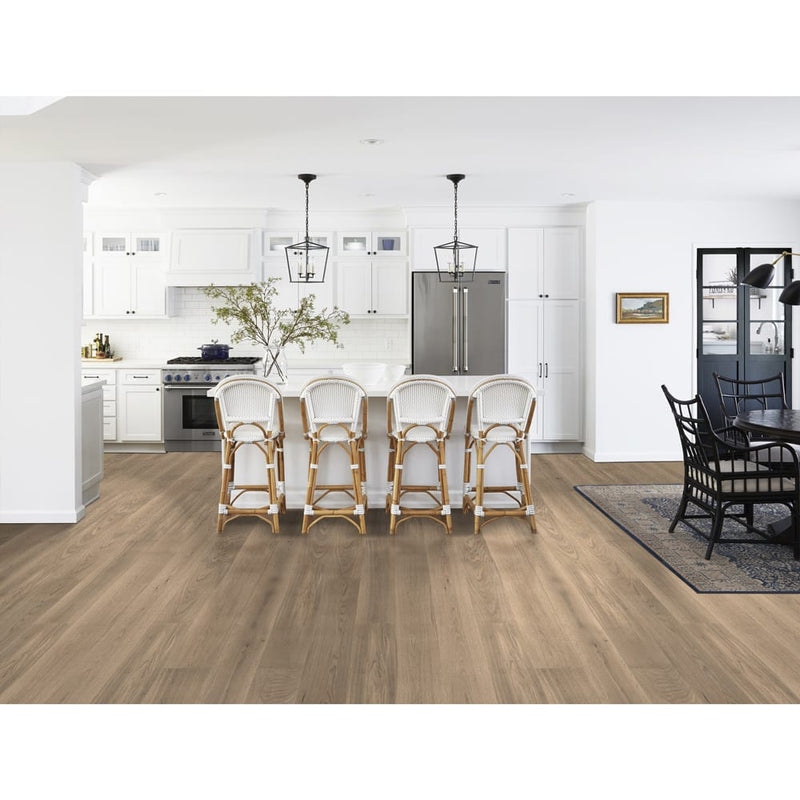 Engineered Hardwood floors strabo french white oak seneca prefinished wire brushed SHW12532WB 9in installed to a kitchen floor with island top whit cabinets and white chairs