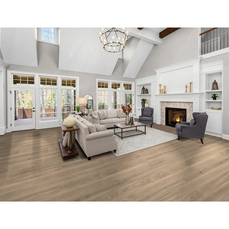 Engineered Hardwood floors strabo french white oak seneca prefinished wire brushed SHW12532WB 9in installed to a living room floor with fireplace and high ceiling