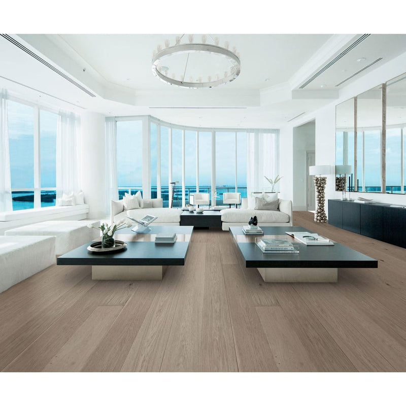 Engineered Hardwood floors strabo french white oak vichy prefinished wire brushed SHW12526WB 7.5in installed on living room floor with nice view