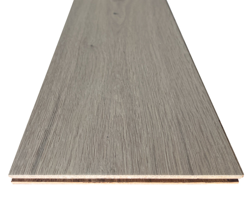 Engineered wood 7.5 wide 74.8 rl long uv lacquer and wirebrushed pebble beach K-06_NS-12 intriga collection product shot edge view