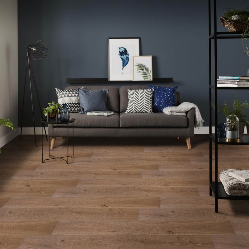 Engineered wood 8.66 wide 86.61 rl long uv lacquer and wirebrushed Appaloosa NS-05 intriga collection room shot living room view