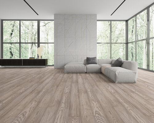 Engineered Hardwood European Oak 7.5" Wide, 74.8" RL, 1/2" Thick Elysian Ethereal Grey - Mazzia Collection room shot living room view