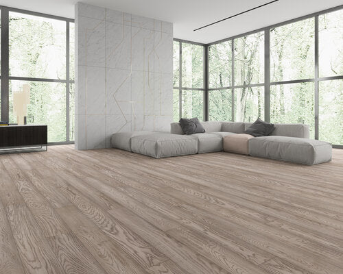 Engineered Hardwood European Oak 7.5" Wide, 74.8" RL, 1/2" Thick Elysian Ethereal Grey - Mazzia Collection room shot living room view  5