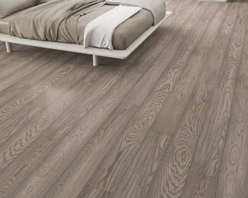 Engineered Hardwood European Oak 7.5" Wide, 74.8" RL, 1/2" Thick Elysian Ethereal Grey - Mazzia Collection room shot living room view  6