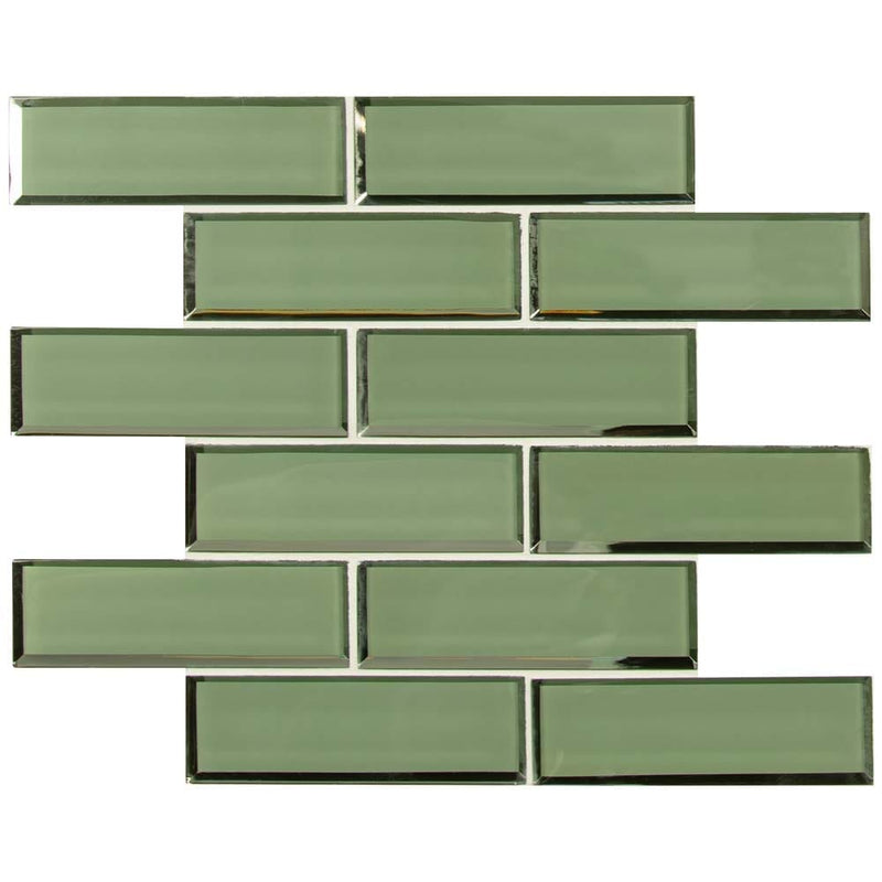 Evergreen beveled subway 11.73 x 11.73 glass mesh mounted mosaic tile 2 X6 SMOT-GLSST-EVEBEV8MM product shot one tile top view