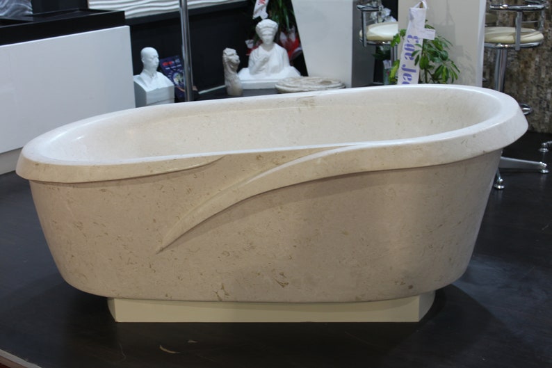 Shell Stone White Limestone Designer Bathtub Hand-carved from Solid Marble Block (W)40" (L)80" (H)24"
