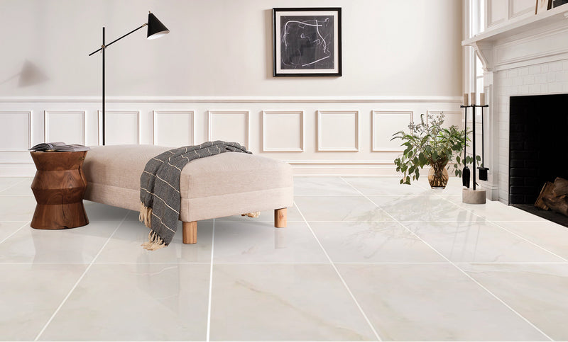 French Vanilla Cream Arizona Marble Floor Wall Tile 24x24 installed living room floor wide view
