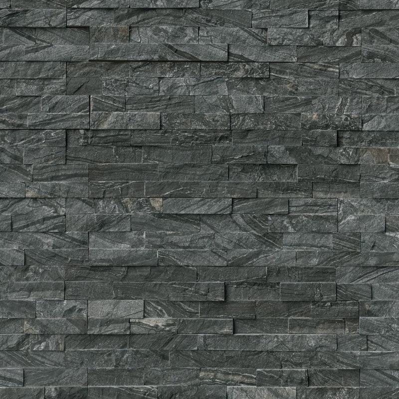 Glacial black splitface ledger corner 6X18 natural marble wall til LPNLMGLABLK618COR product shot multiple tiles top view