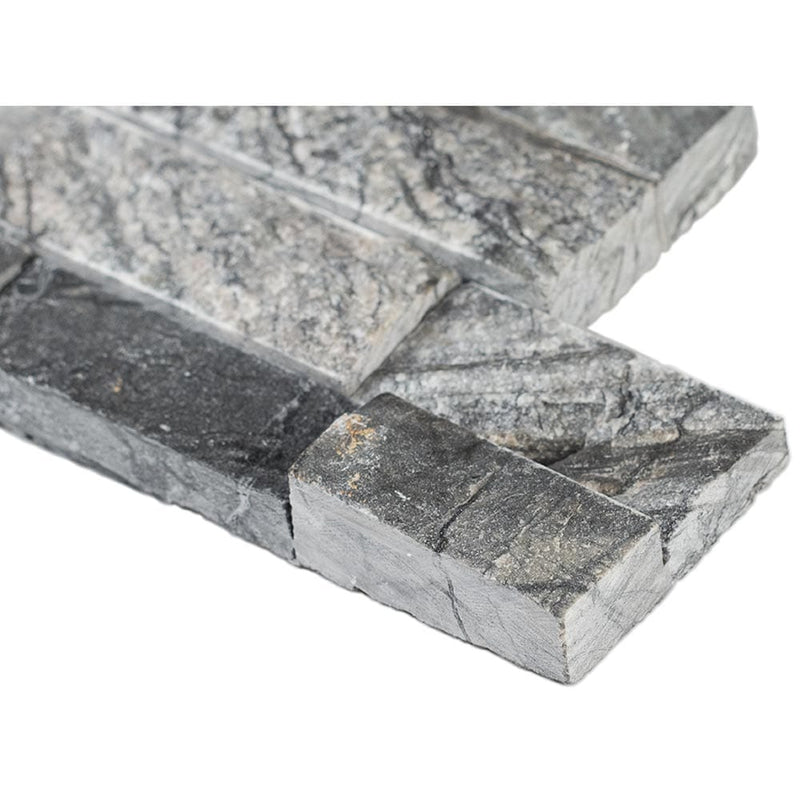 Glacial black splitface ledger corner 6X18 natural marble wall til LPNLMGLABLK618COR product shot profile view
