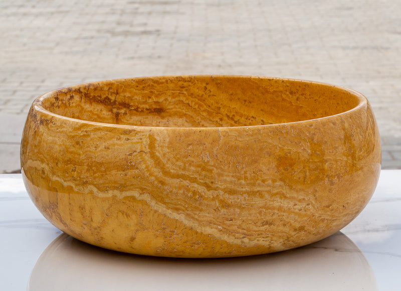 Golden Sienna travertine bathroom vessel sink polished EGEGSTR1673 D16 H6 side view