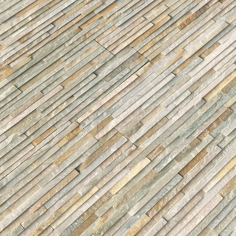 Golden honey pencil ledger panel 6X24 natural quartzite wall tile LPNLQGLDHON624 PEN product shot multiple tiles angle view