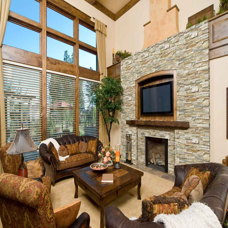 Golden honey splitface ledger panel 6X24 natural quartzite wall tile LPNLQGLDHON624 product shot living room view