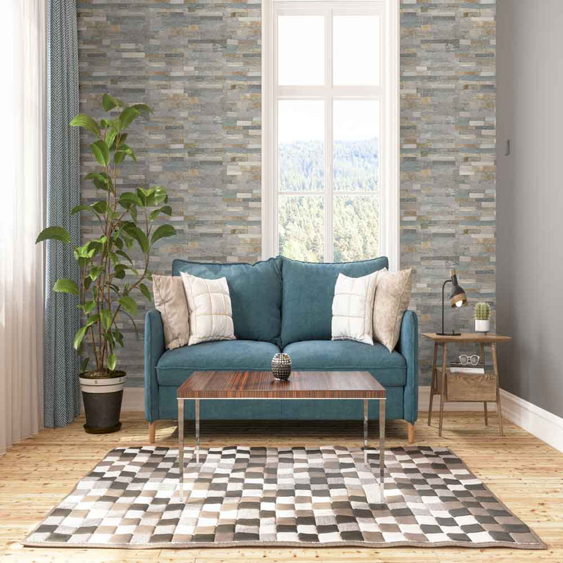 Golden white splitface ledger corner 6X18 natural quartzite wall tile LPNLQGLDWHI618COR product shot living room view
