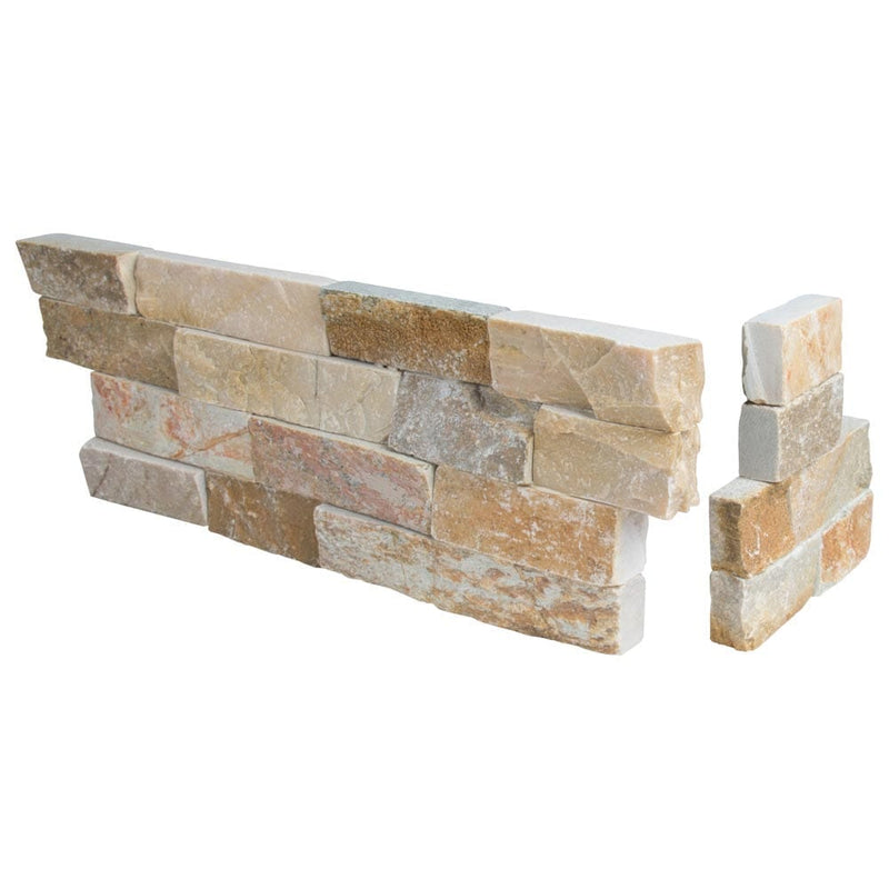 Golden white splitface ledger corner 6X18 natural quartzite wall tile LPNLQGLDWHI618COR product shot multiple tiles angle view
