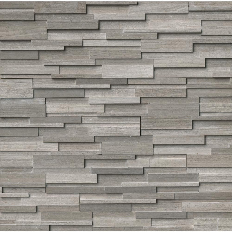 Gray oak panel 3D ledger corner 6X18 honed marble wall tile LPNLMGRYOAK618COR 3DH product shot multiple tiles top view