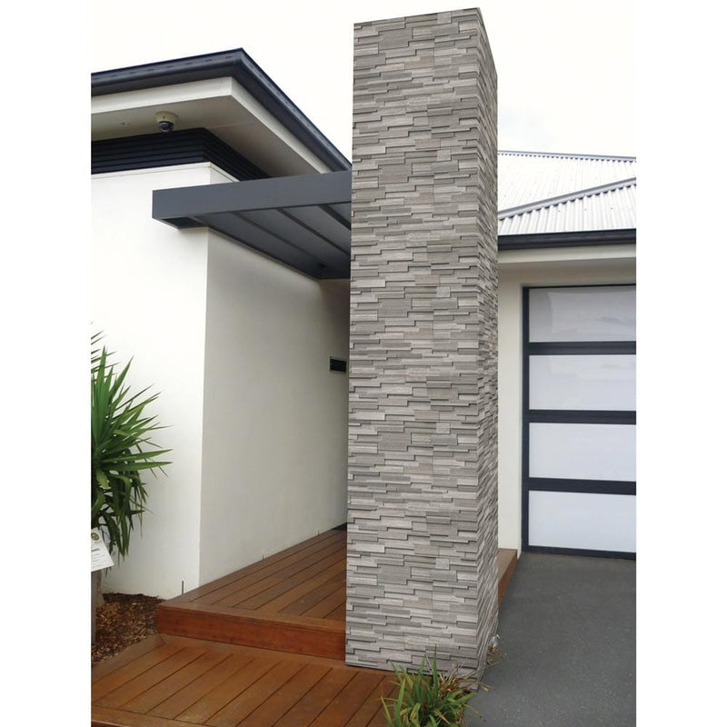 Gray oak panel 3D ledger corner 6X18 honed marble wall tile LPNLMGRYOAK618COR 3DH product shot wall view