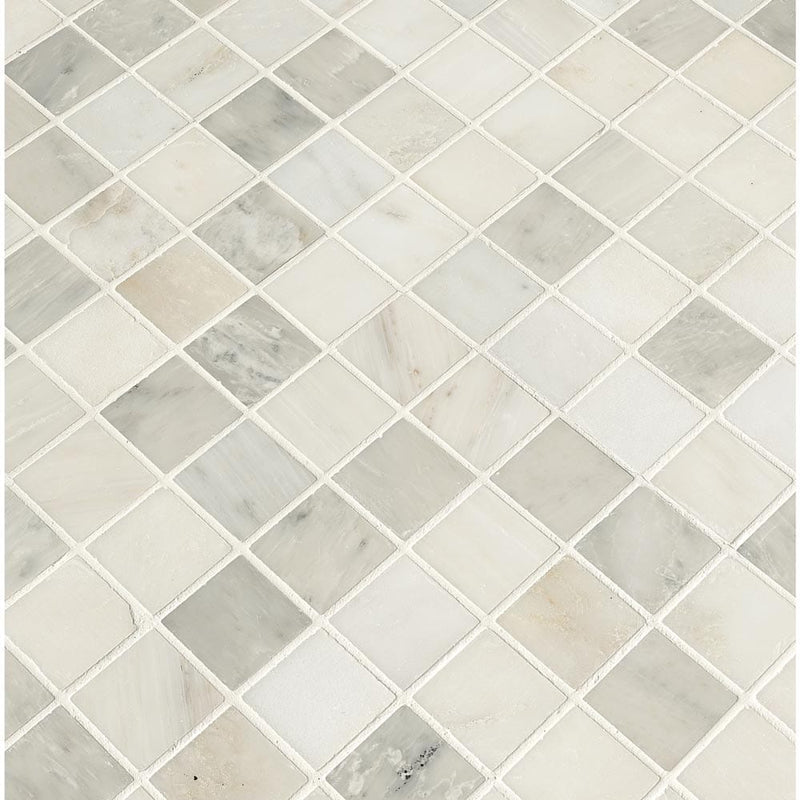 Greecian white 12X12 polished marble mesh mounted mosaic tile THDW1-SH-GW2x2 product shot multiple tiles angle view
