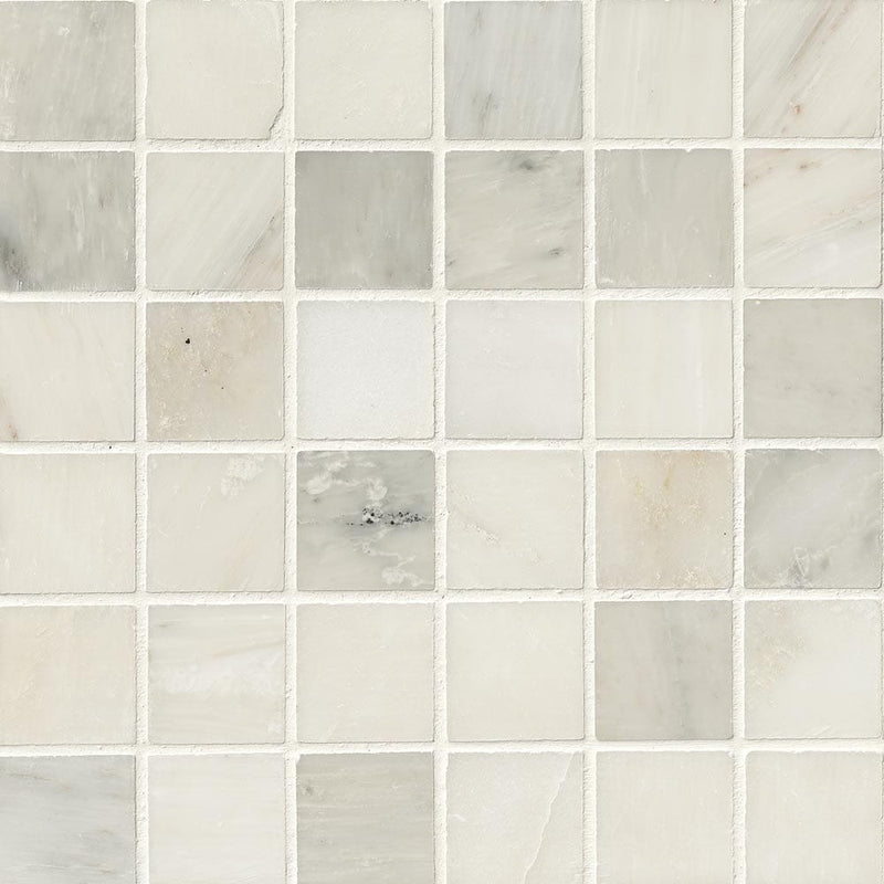 Greecian white 12X12 polished marble mesh mounted mosaic tile THDW1-SH-GW2x2 product shot multiple tiles close up view