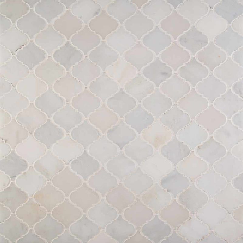 Greecian white arabesque 12X12 polished marble mosaic floor and wall tile SMOT GRE AREBESQ product shot multiple tiles top view