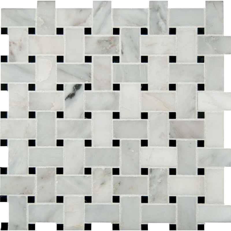 Greecian white basketweave 12X12 polished marble mesh mounted mosaic tile SMOT GRE BWP product shot multiple tiles close up view
