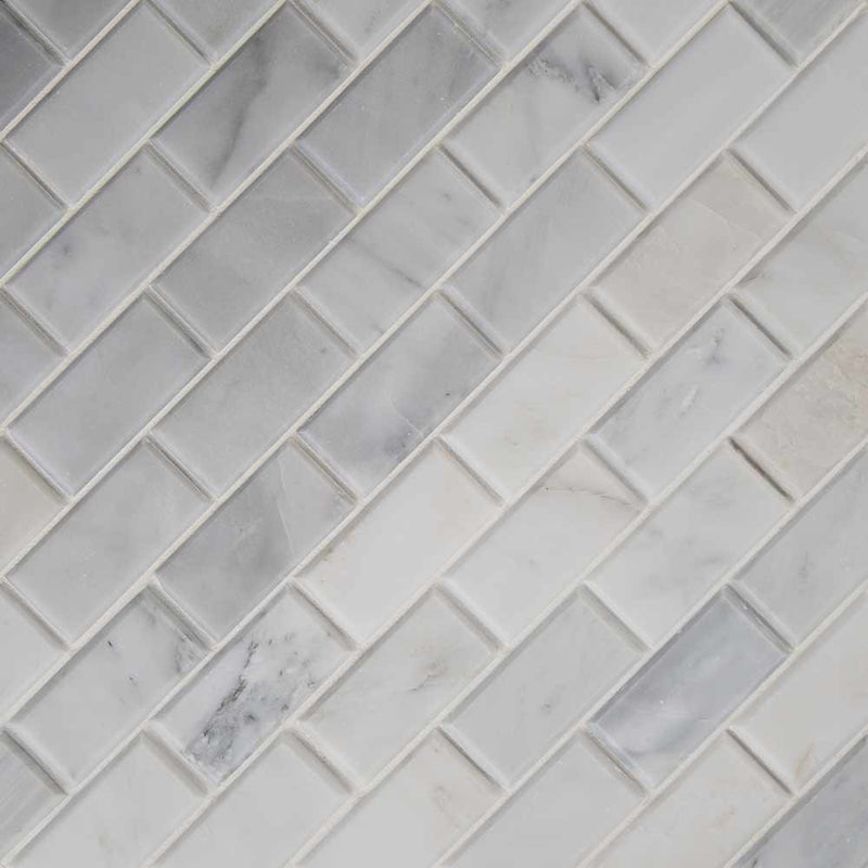 Greecian white beveled 12X12 polished marble mesh mounted mosaic tile SMOT GRE 2X4PB product shot multiple tiles angle view