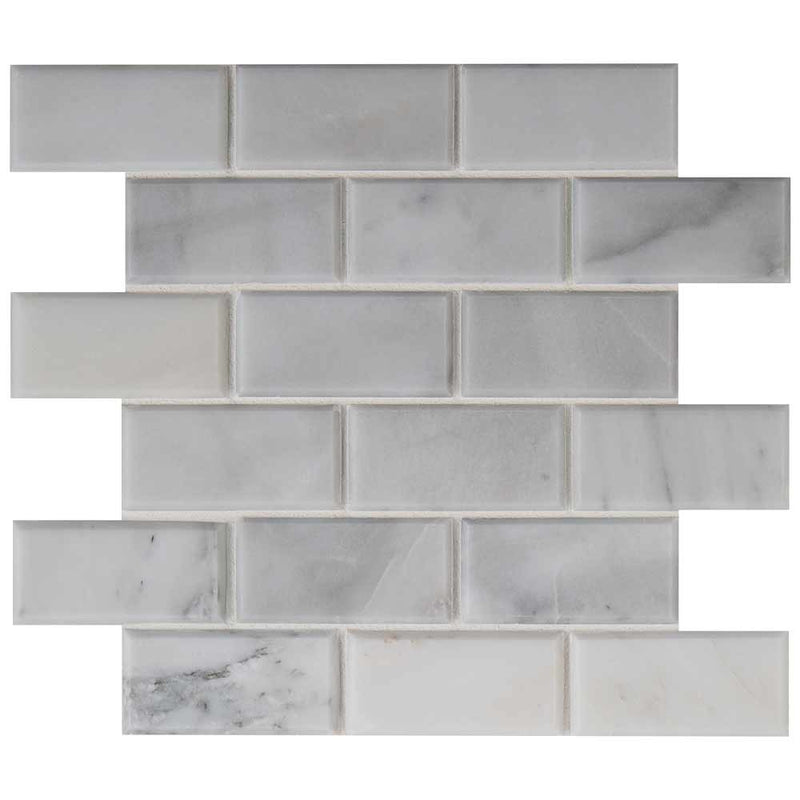 Greecian white beveled 12X12 polished marble mesh mounted mosaic tile SMOT GRE 2X4PB product shot multiple tiles close up view