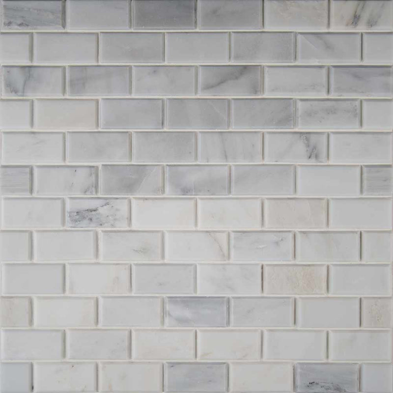 Greecian white beveled 12X12 polished marble mesh mounted mosaic tile SMOT GRE 2X4PB product shot multiple tiles top view