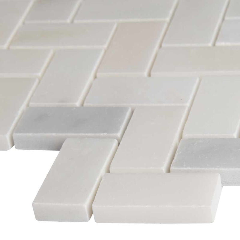 Greecian white herringbone pattern 11.63X11.63 polished marble mesh mounted mosaic tile SMOT-GRE-HBP product shot profile view