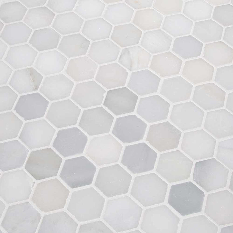 Greecian white hexagon 11.75X12 polished marble mesh mounted mosaic tile SMOT GRE 2HEXP product shot multiple tiles angle view