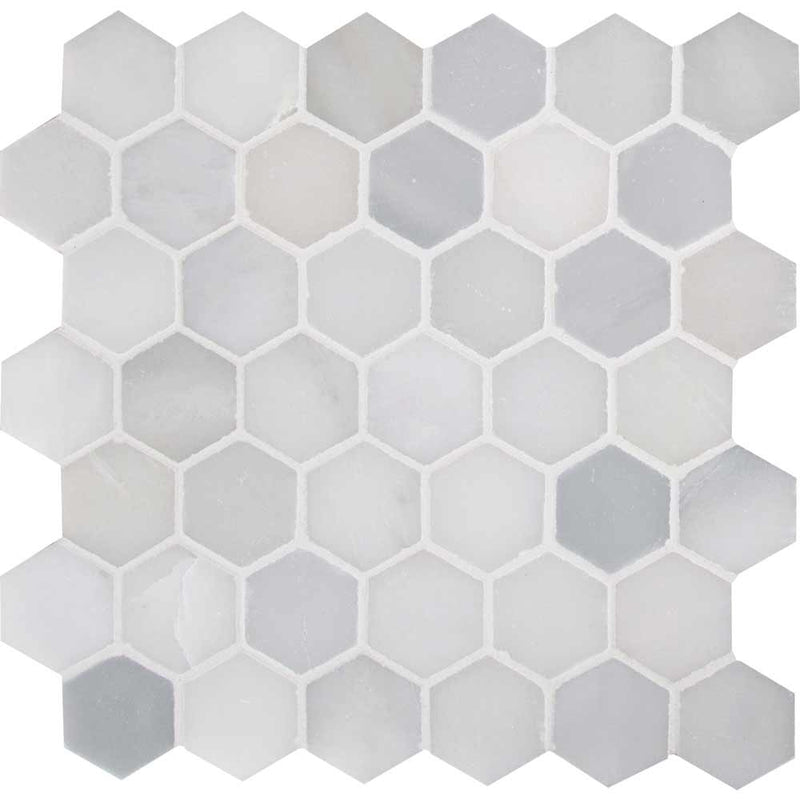 Greecian white hexagon 11.75X12 polished marble mesh mounted mosaic tile SMOT GRE 2HEXP product shot multiple tiles close up view