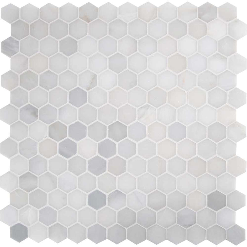 Greecian white hexagon 11.75X12 polished marble mesh mounted mosaic tile SMOT GRE 2HEXP product shot multiple tiles top view