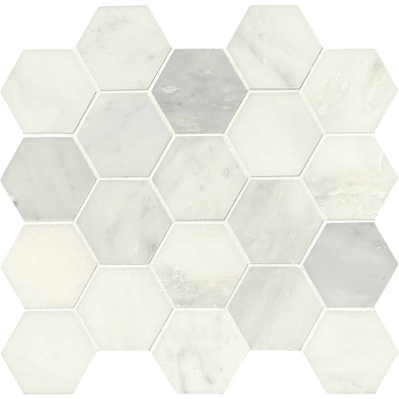 Greecian white hexagon 11.85X12.84 polished marble mesh mounted mosaic tile SMOT GRE 3HEXP product shot multiple tiles close up view