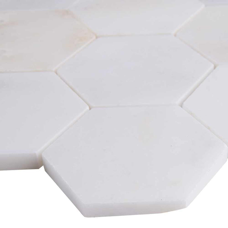 Greecian white hexagon 11.85X12.84 polished marble mesh mounted mosaic tile SMOT GRE 3HEXP product shot profile view