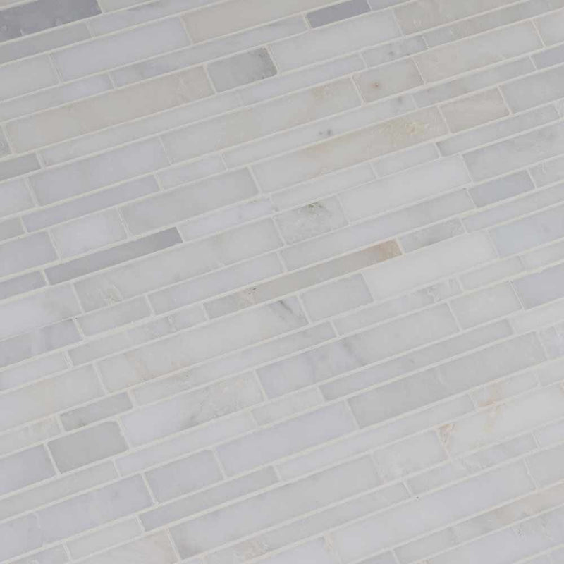 Greecian white interlocking 12X12 polished marble mesh mounted mosaic tile SMOT-GRE-ILP10MM product shot multiple tiles angle view