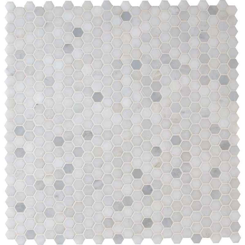 Greecian white mini hexagon 11.61X11.81 polished marble mesh mounted mosaic tile SMOT GRE 1HEXP product shot multiple tiles top view