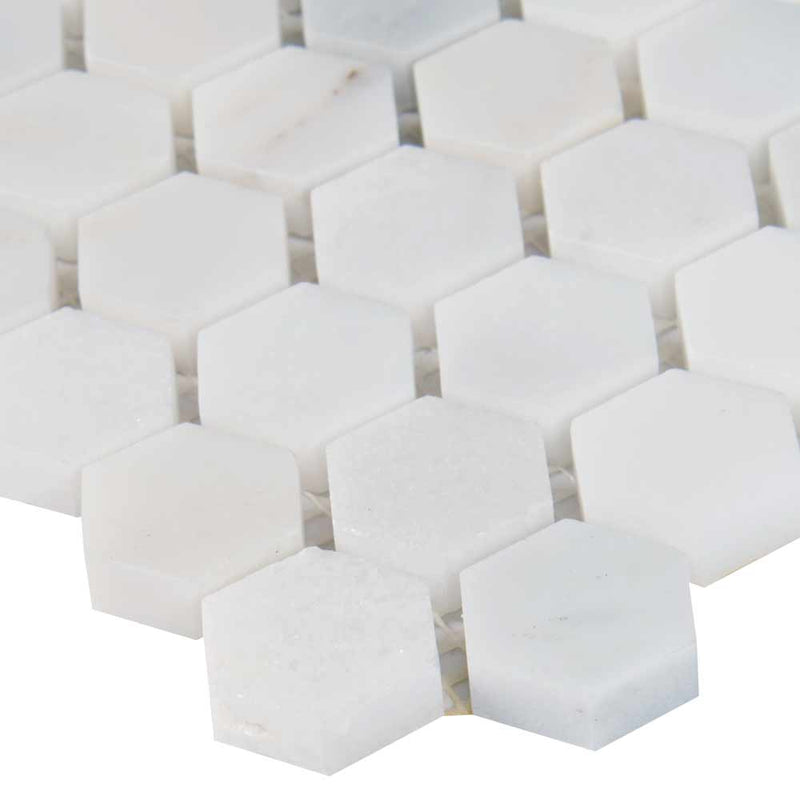 Greecian white mini hexagon 11.61X11.81 polished marble mesh mounted mosaic tile SMOT GRE 1HEXP product shot profile view